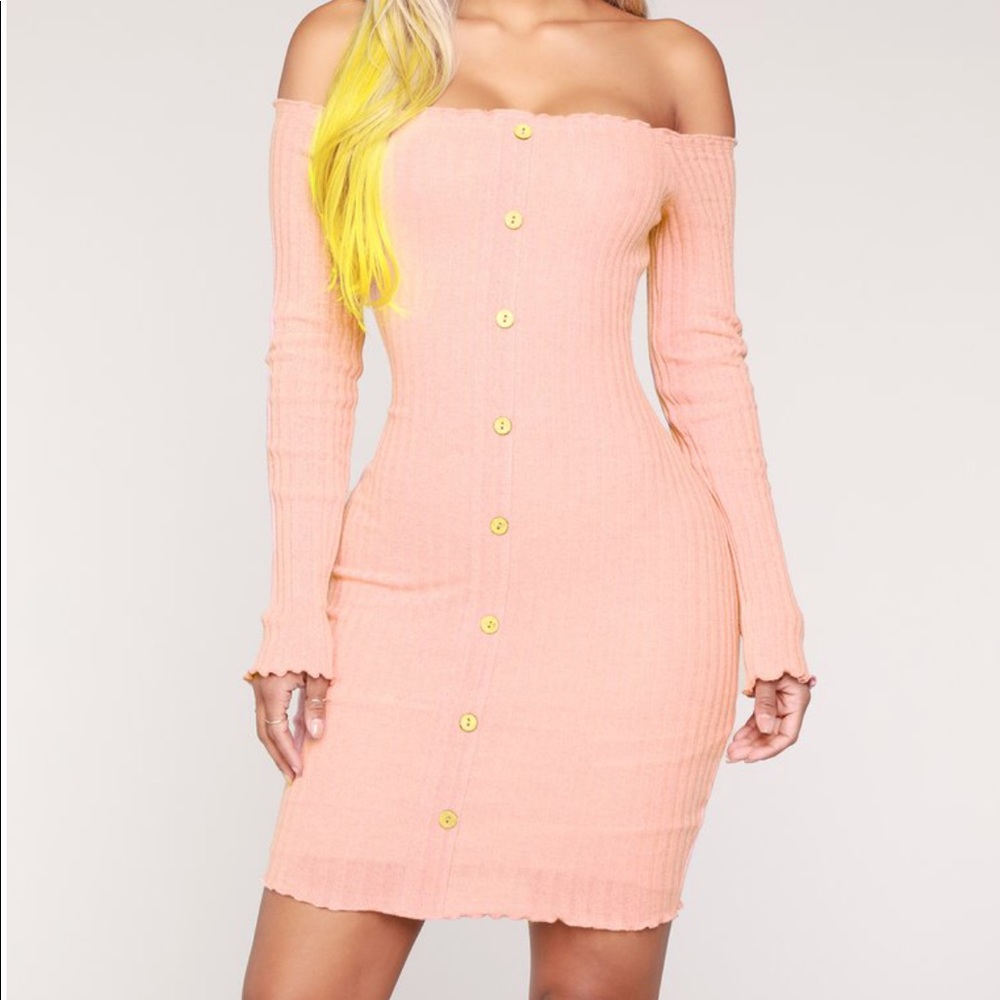 Pink ribbed Bardot bodycon dress